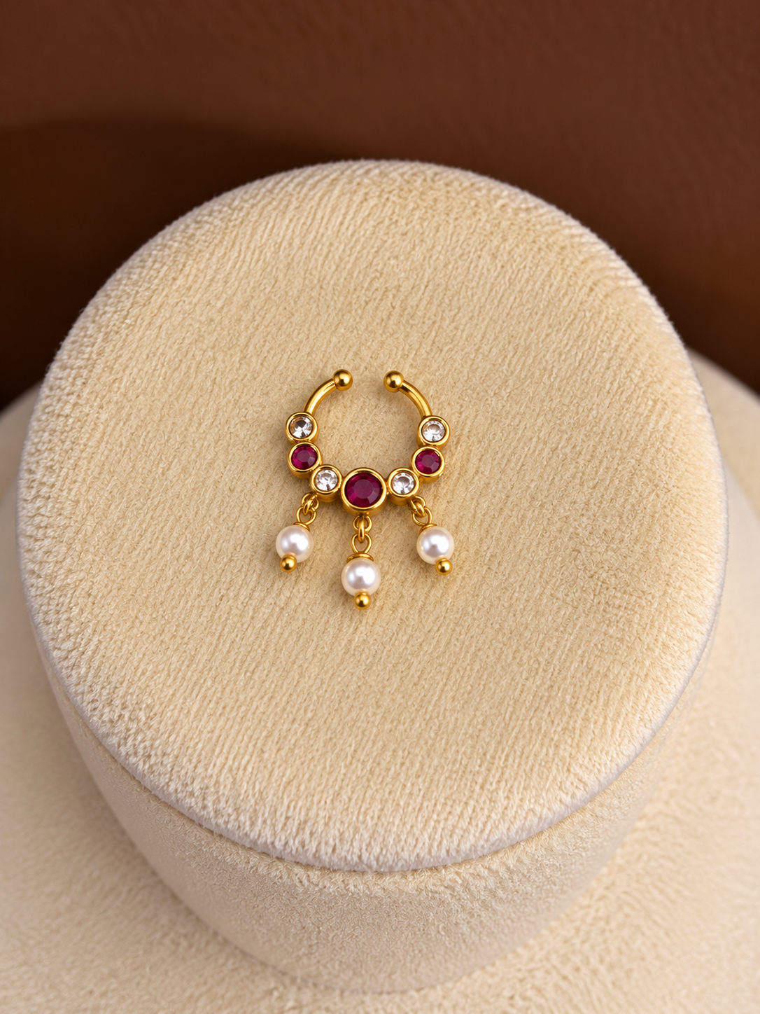 Saraswati - Ruby Zircon Pearl Drop Nose Ring