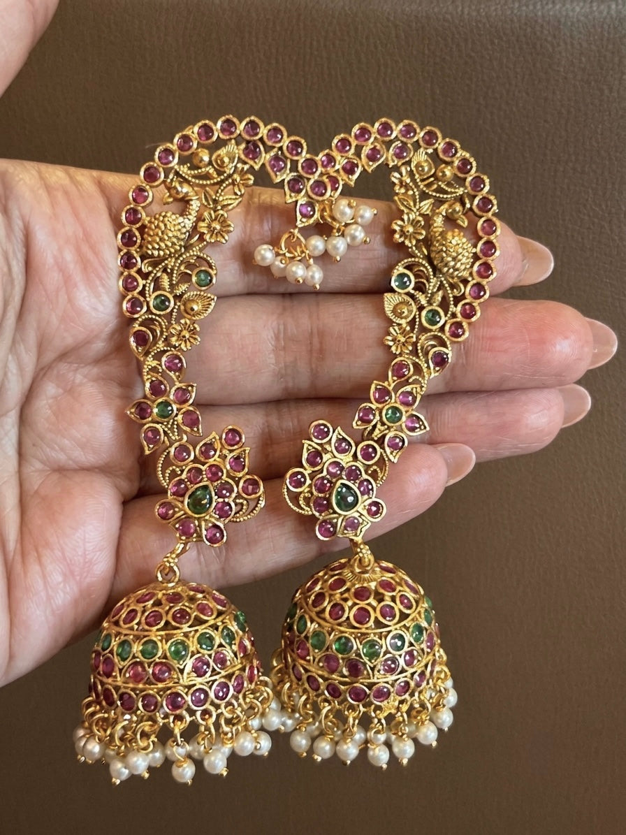 Rajamayuri Original Kemp Kundan Jhumka with Ear Cuff