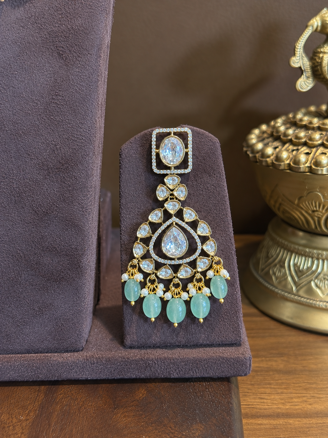 Vasundhara Statement Guluband – Mughal Style Moissanite Polki Mint Green Bead Necklace Set