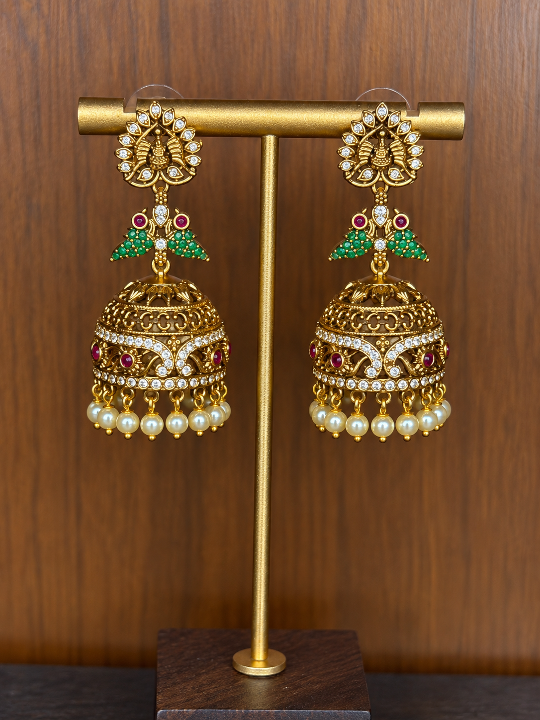 Vamika – Bird Motif Zircon Temple Jhumka
