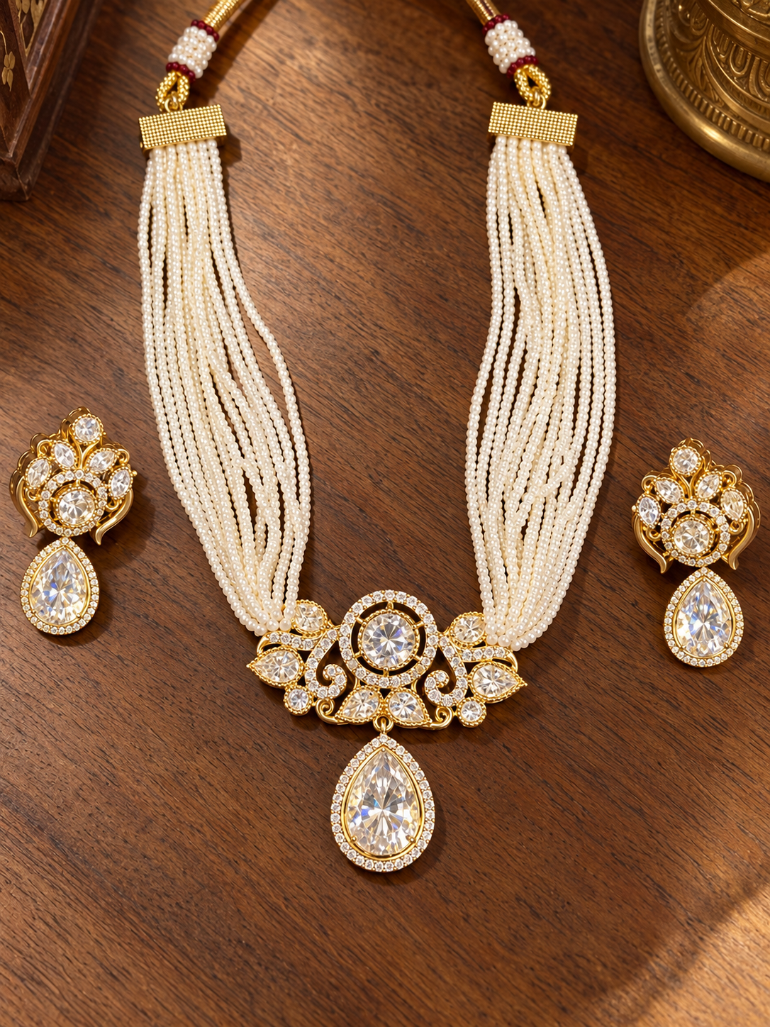 Sunehri - Real Golden Moissanite Pearl Strand Choker Set