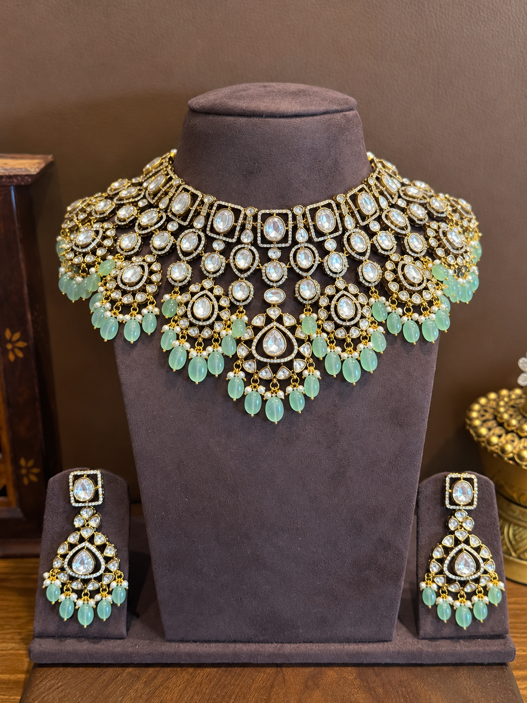 Vasundhara Statement Guluband – Mughal Style Moissanite Polki Mint Green Bead Necklace Set