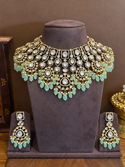 Vasundhara Statement Guluband – Mughal Style Moissanite Polki Mint Green Bead Necklace Set