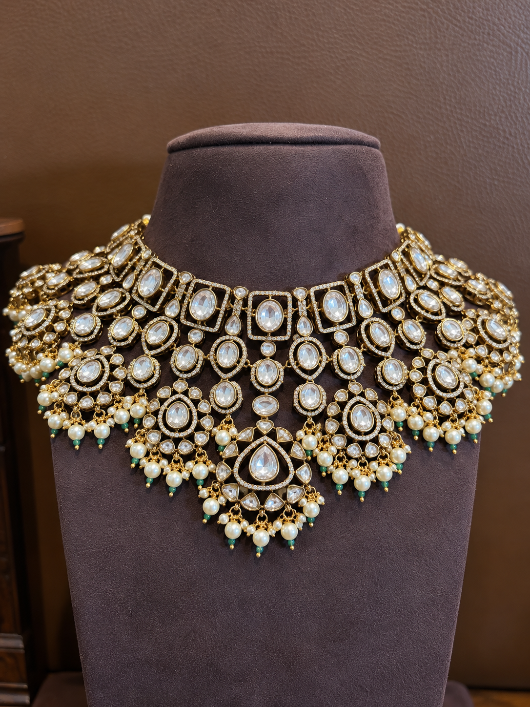 Vasundhara Statement Guluband – Mughal Style Moissanite Polki Pearl Bead Necklace Set