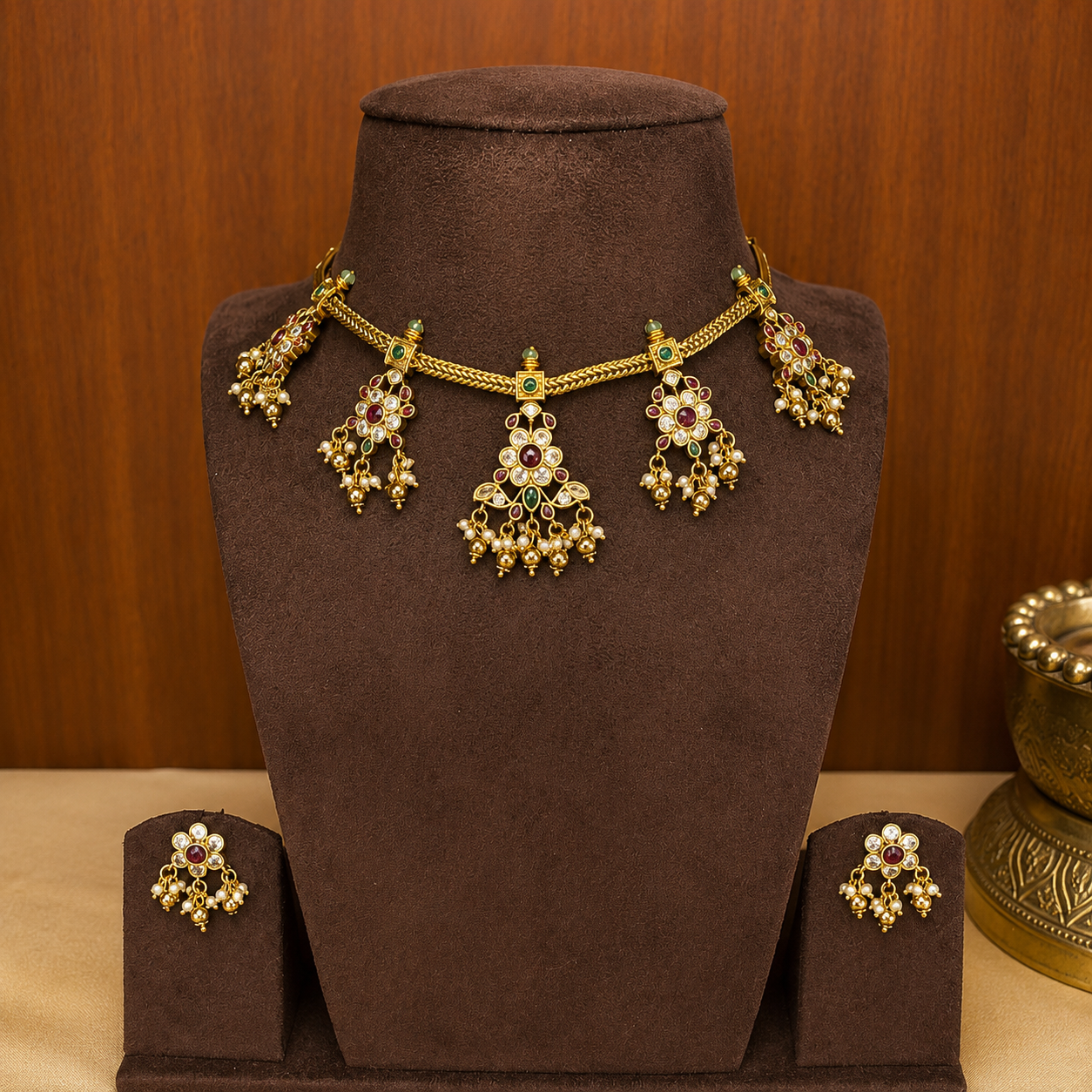 Pancha Pushpalekha – Original Jadau Kundan Floral Temple Necklace Set.