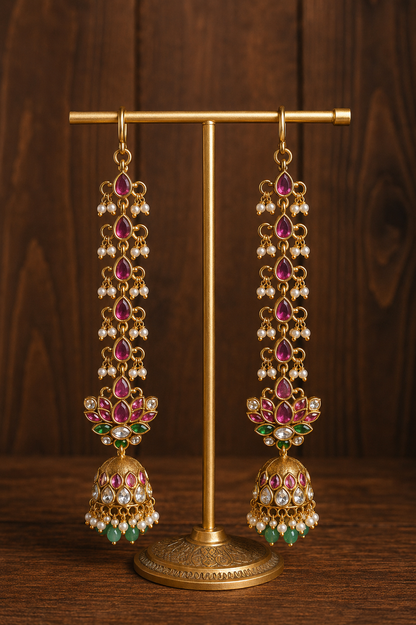 Padma Latha Kundala - Kemp Kundan Ear Chain Jhumka