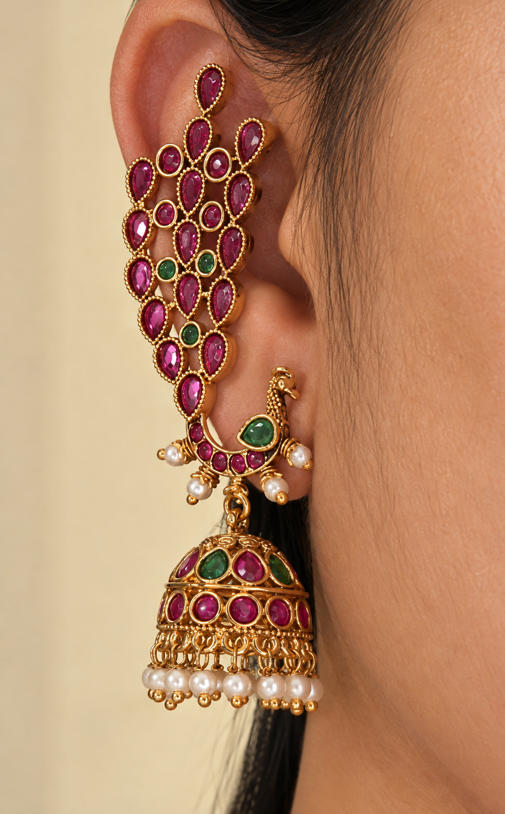 Mayurika - Original kemp kundan Jhumka with Ear Cuff
