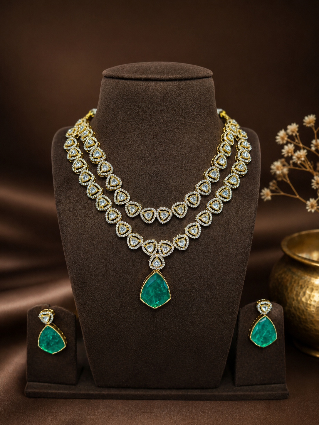 Pannika – Moissanite Polki with Emerald Heritage Necklace Set.