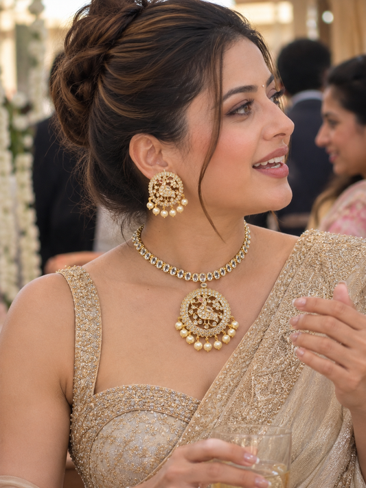 Mayura Addigai - Peacock Zircon Pearl Necklace Set.