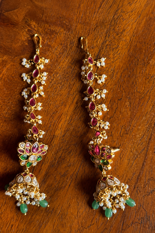 Padma Latha Kundala - Kemp Kundan Ear Chain Jhumka