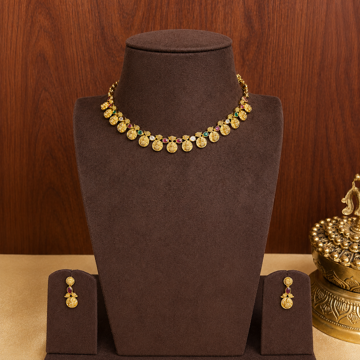 Lakshmi kasilekha – Ruby Emerald Coin Temple Necklace Set.