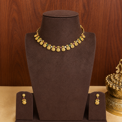 Lakshmi kasilekha – Ruby Emerald Coin Temple Necklace Set.