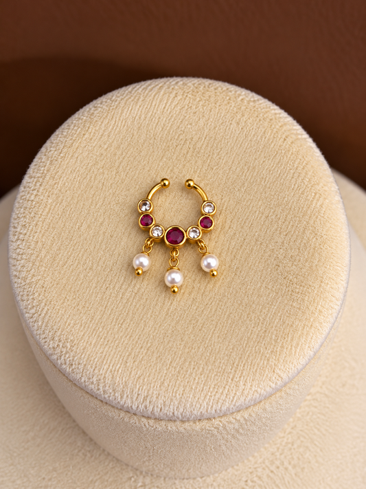 Saraswati - Ruby Zircon Pearl Drop Nose Ring
