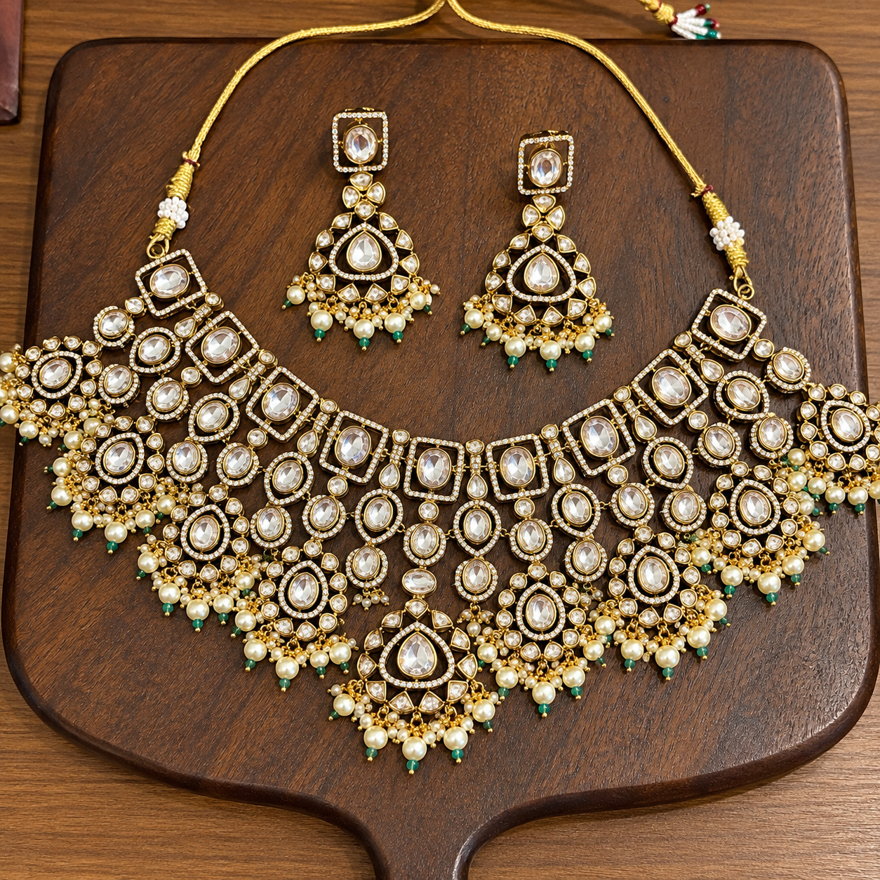 Vasundhara Statement Guluband – Mughal Style Moissanite Polki Pearl Bead Necklace Set