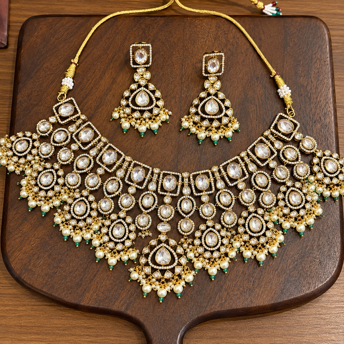 Vasundhara Statement Guluband – Mughal Style Moissanite Polki Pearl Bead Necklace Set