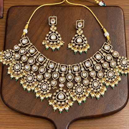 Vasundhara Statement Guluband – Mughal Style Moissanite Polki Pearl Bead Necklace Set