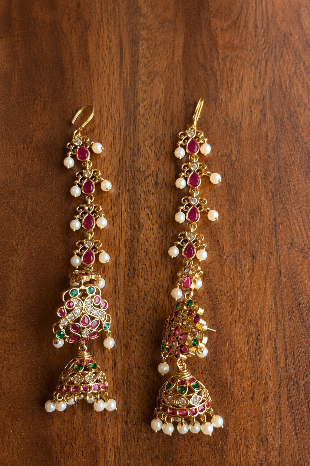 Pushpa Latha Kundala - Kemp Kundan Ear Chain Jhumka