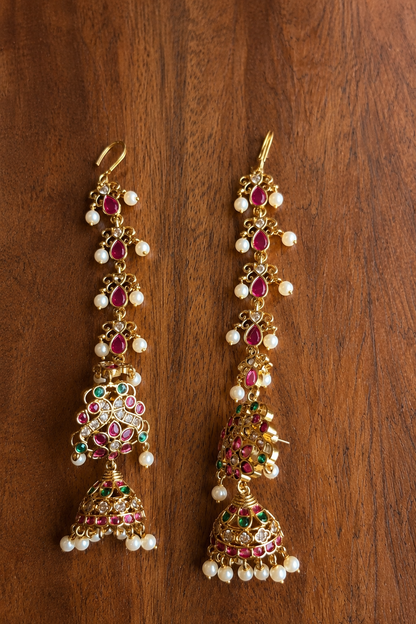 Pushpa Latha Kundala - Kemp Kundan Ear Chain Jhumka