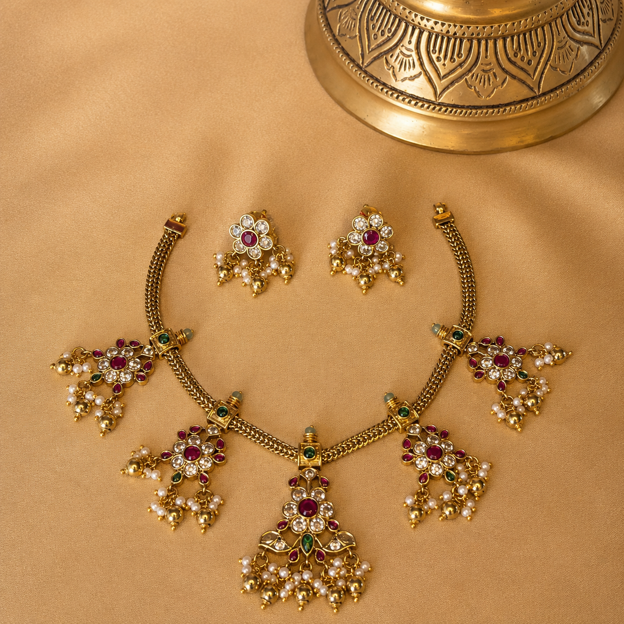 Pancha Pushpalekha – Original Jadau Kundan Floral Temple Necklace Set.