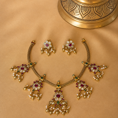 Pancha Pushpalekha – Original Jadau Kundan Floral Temple Necklace Set.
