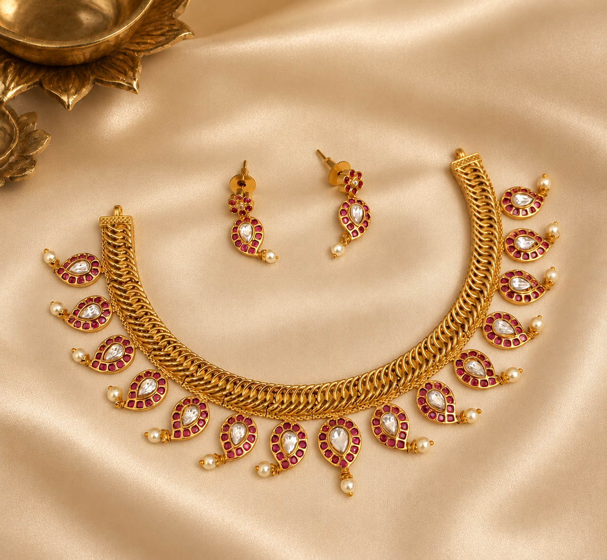 Madhura – Original Jadau Kundan Mango Motif Necklace Set with Jalebi Pattern Chain