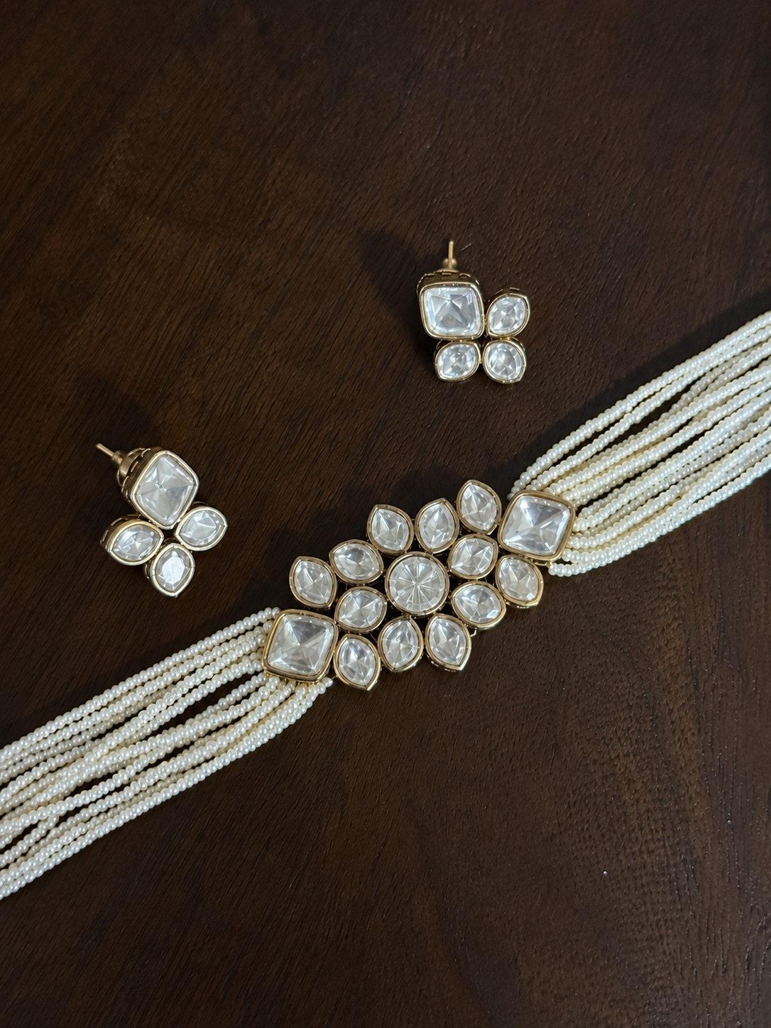 Naira –Real Moissanite Polki Pearl-Strand Choker Necklace Set