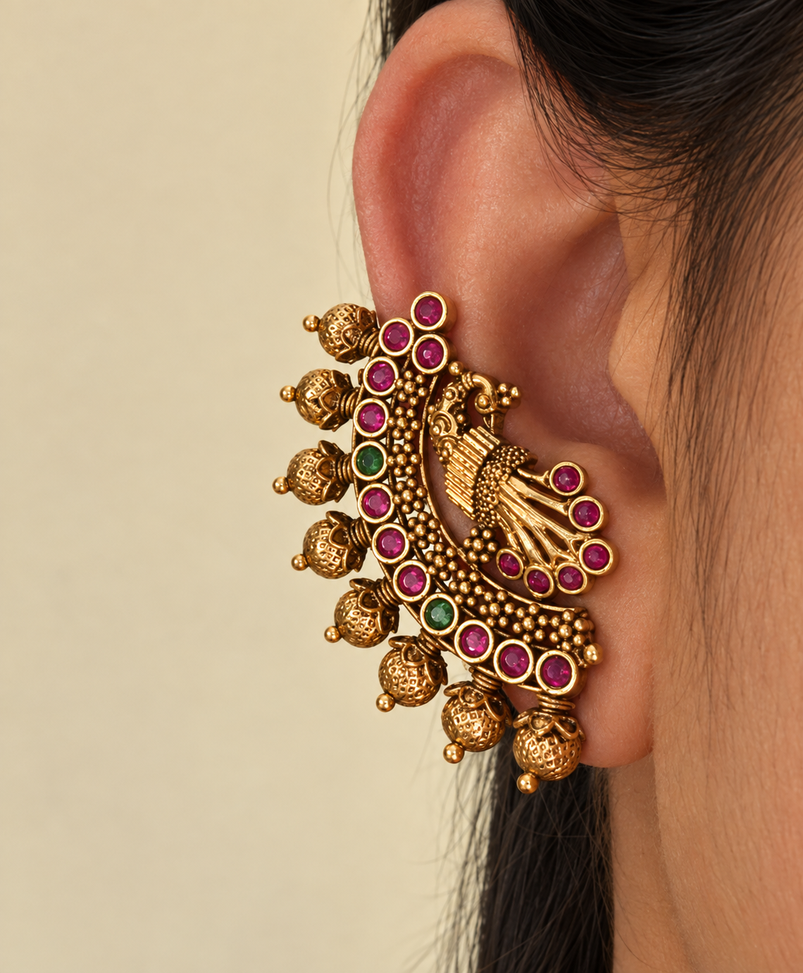 Mayur Karnika – Peacock Temple Jewellery Stud with Ear Cuff