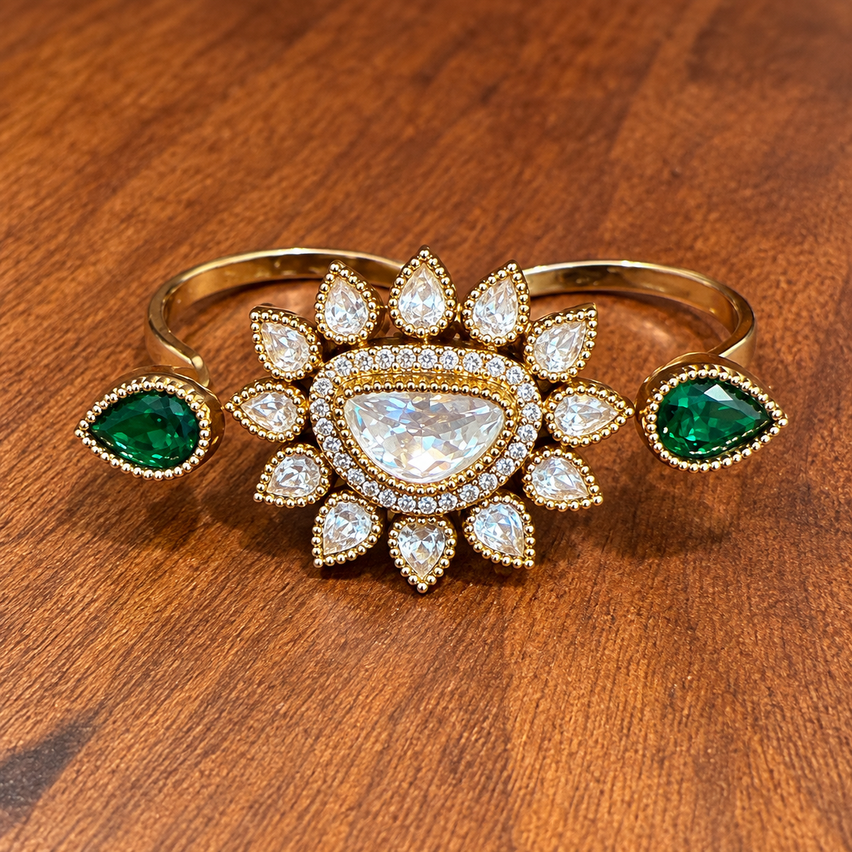 Harini - Emerald & Real Moissanite Polki Two-Finger Statement Ring