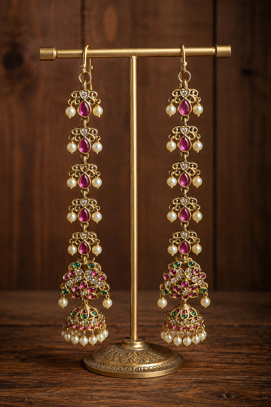 Pushpa Latha Kundala - Kemp Kundan Ear Chain Jhumka
