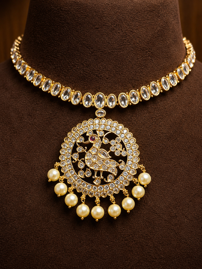 Mayura Addigai - Peacock Zircon Pearl Necklace Set.