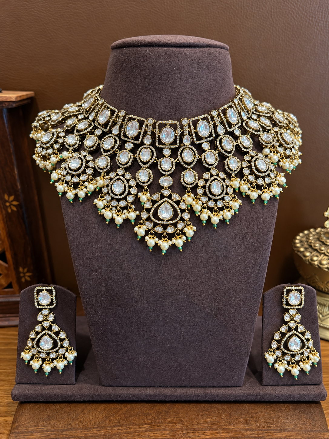 Vasundhara Statement Guluband – Mughal Style Moissanite Polki Pearl Bead Necklace Set