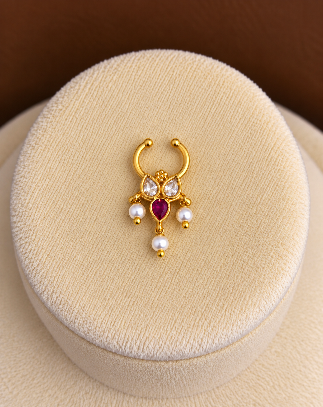 Durga - Ruby Zircon Pearl Drop Nose Ring