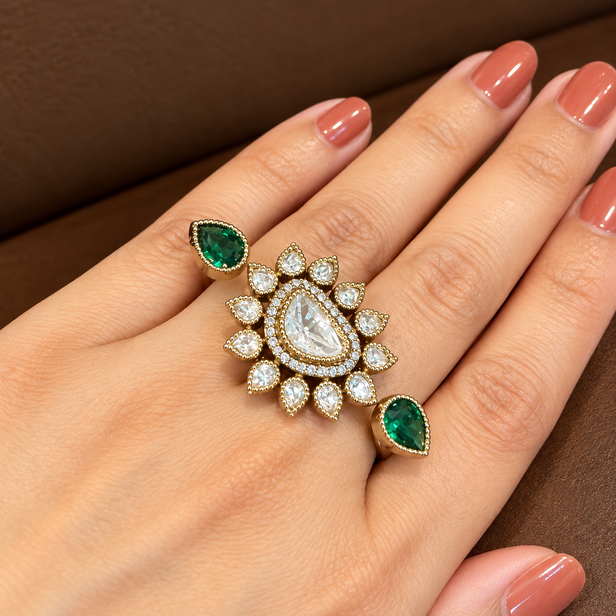 Harini - Emerald & Real Moissanite Polki Two-Finger Statement Ring