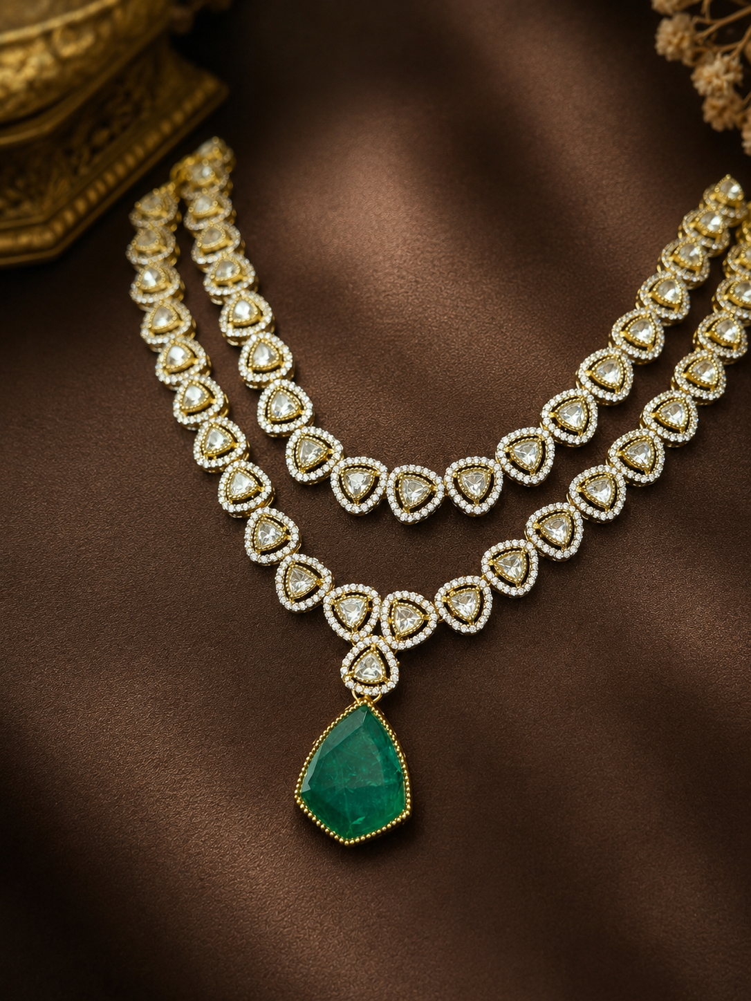 Pannika – Moissanite Polki with Emerald Heritage Necklace Set.
