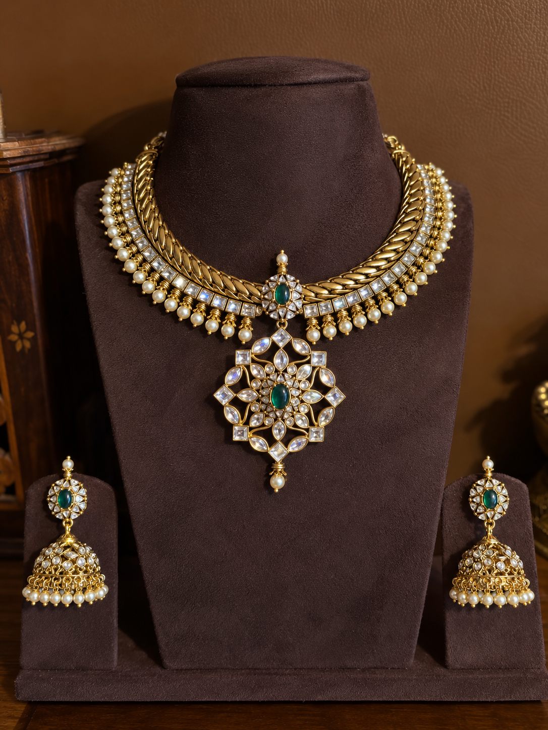 Srimati – Jalebi Moissanite Statement Necklace Set with Jhumkas