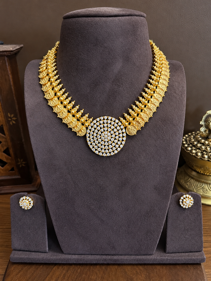 Chakrika Kasusara – Zircon Coin Necklace Set with Two Matching Earrings