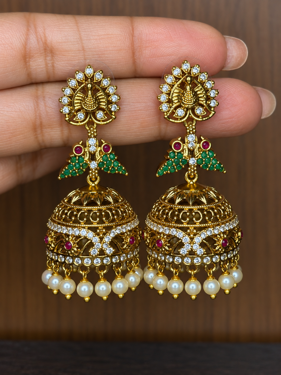 Vamika – Bird Motif Zircon Temple Jhumka