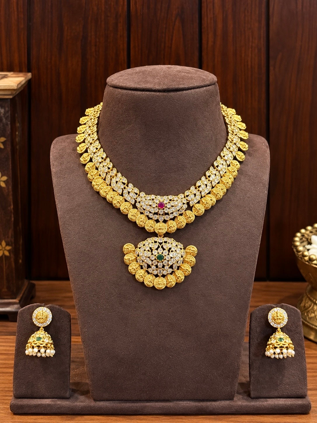 Mahalakshmi Kasusara Necklace - Convertible Zircon Coin Necklace Set