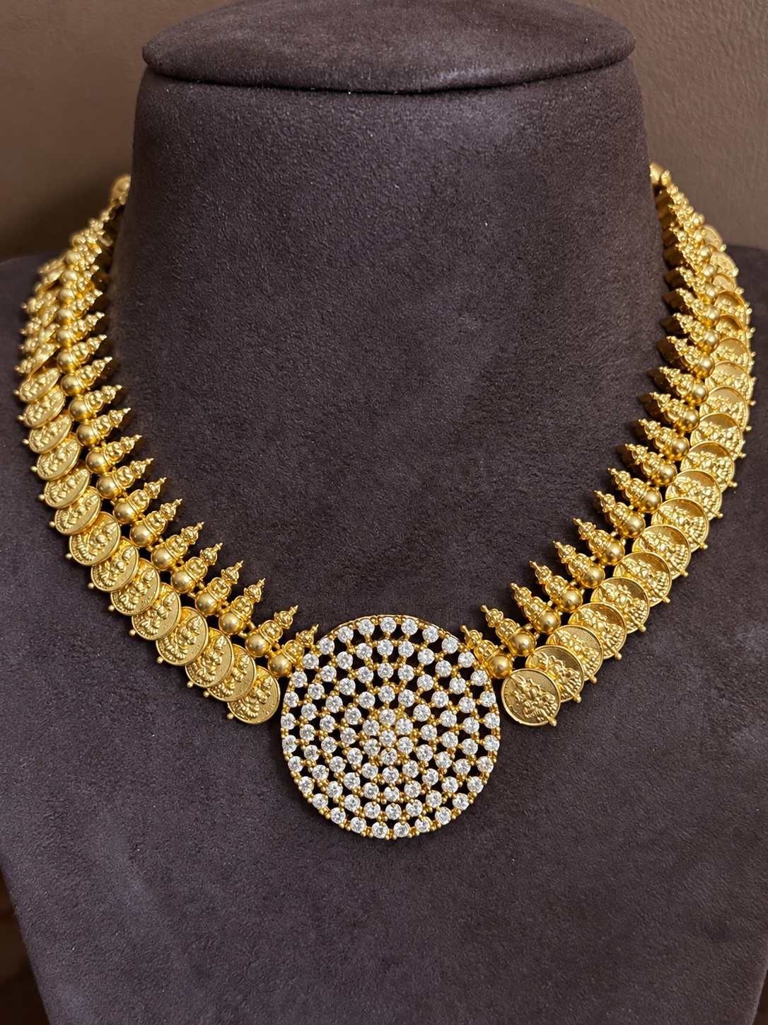 Chakrika Kasusara – Zircon Coin Necklace Set with Two Matching Earrings
