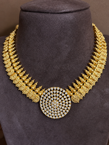 Chakrika Kasusara – Zircon Coin Necklace Set with Two Matching Earrings