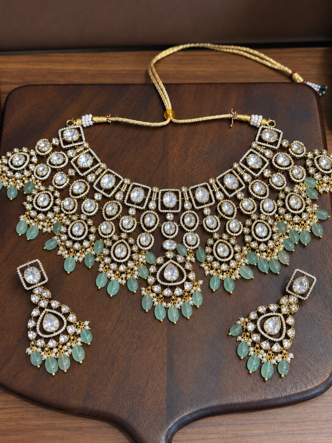 Vasundhara Statement Guluband – Mughal Style Moissanite Polki Mint Green Bead Necklace Set