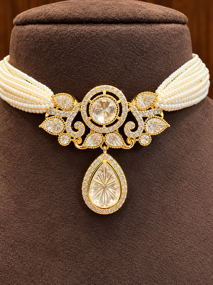 Sunehri - Real Golden Moissanite Pearl Strand Choker Set