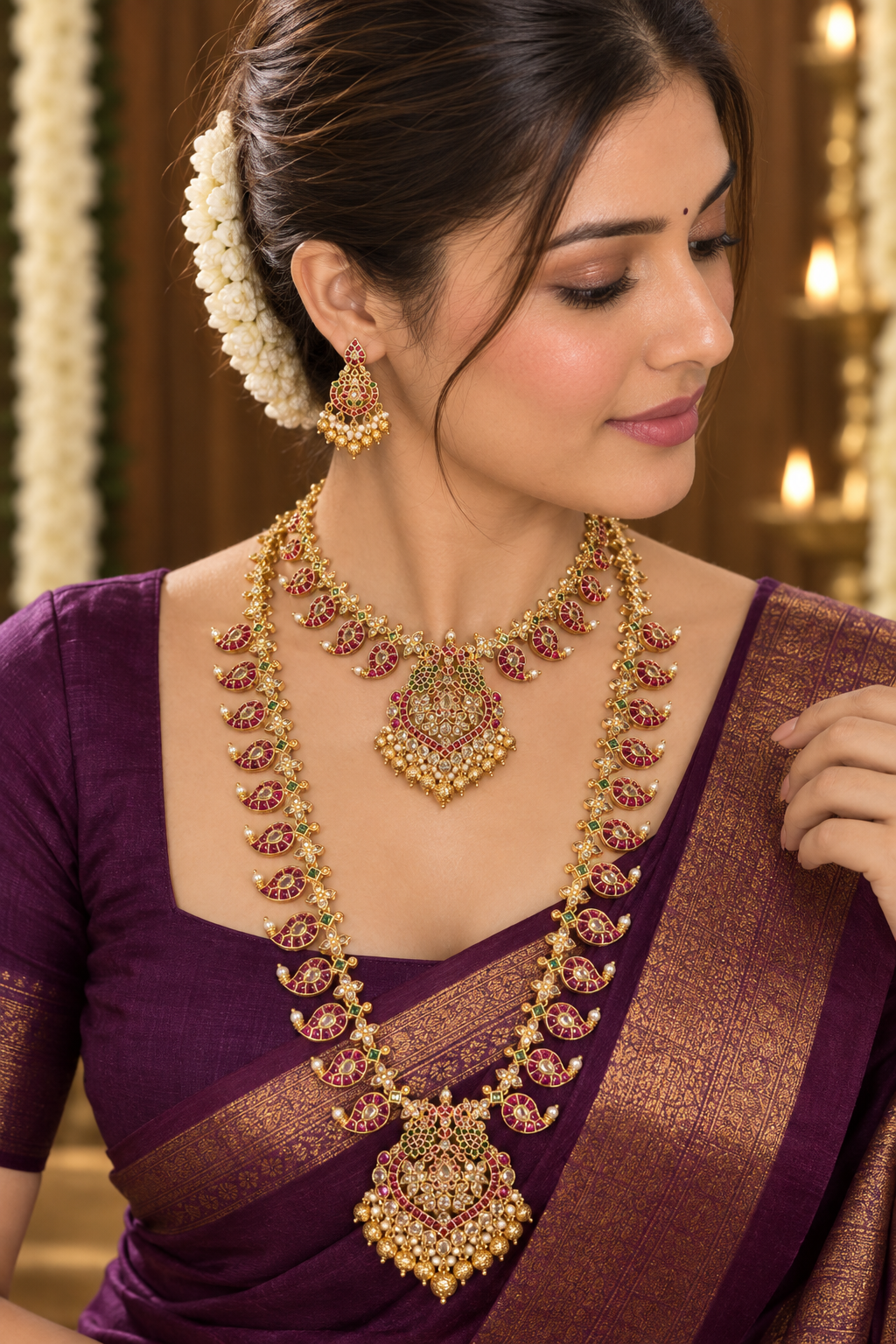 Manga Abharana - Mango Motif Kemp Kundan Necklace, Haaram & Earring Set