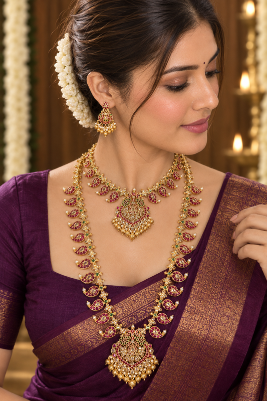 Manga Abharana - Mango Motif Kemp Kundan Necklace, Haaram & Earring Set