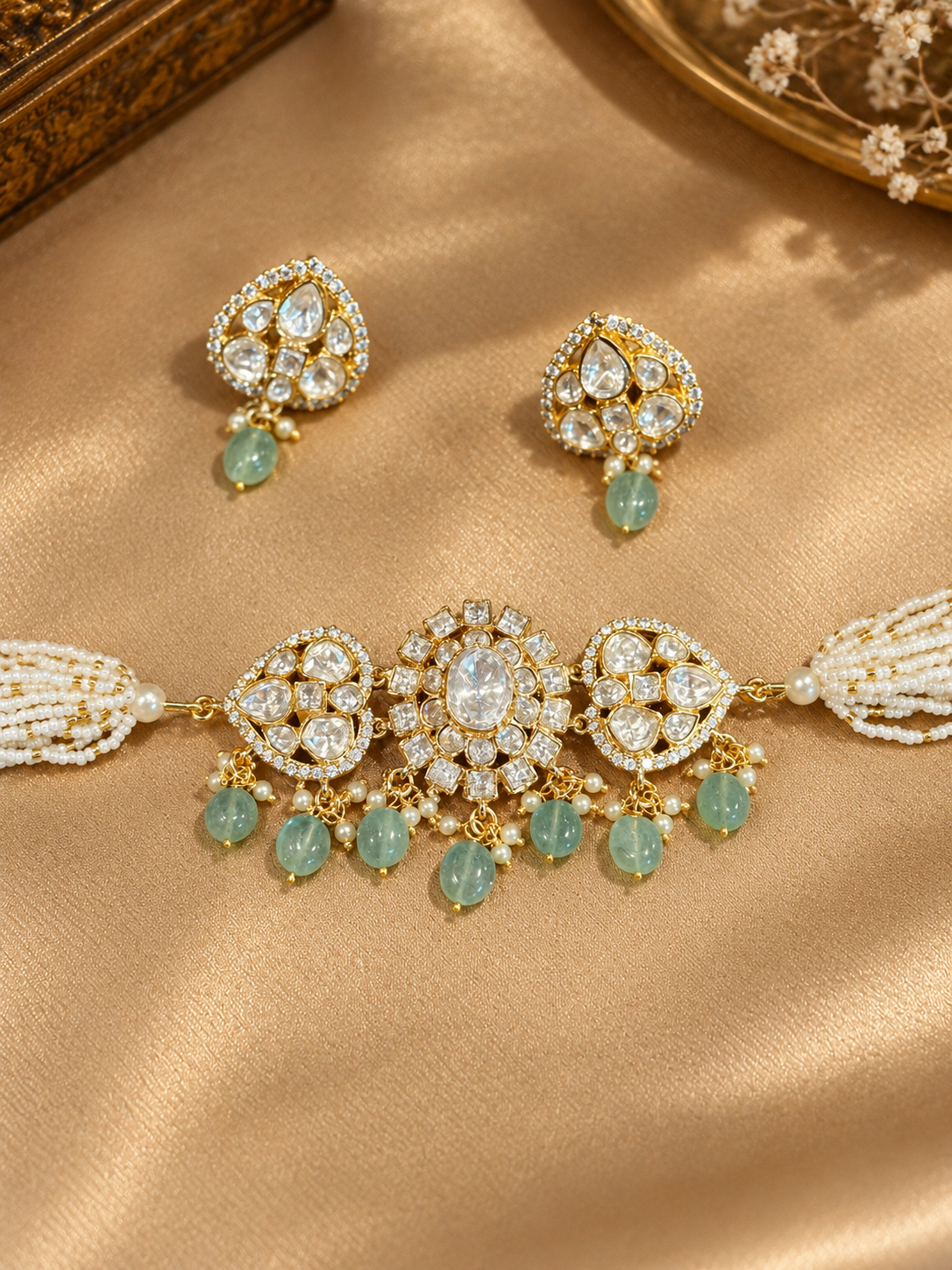 Rohani - Real Moissanite Polki Pearl Strand Choker