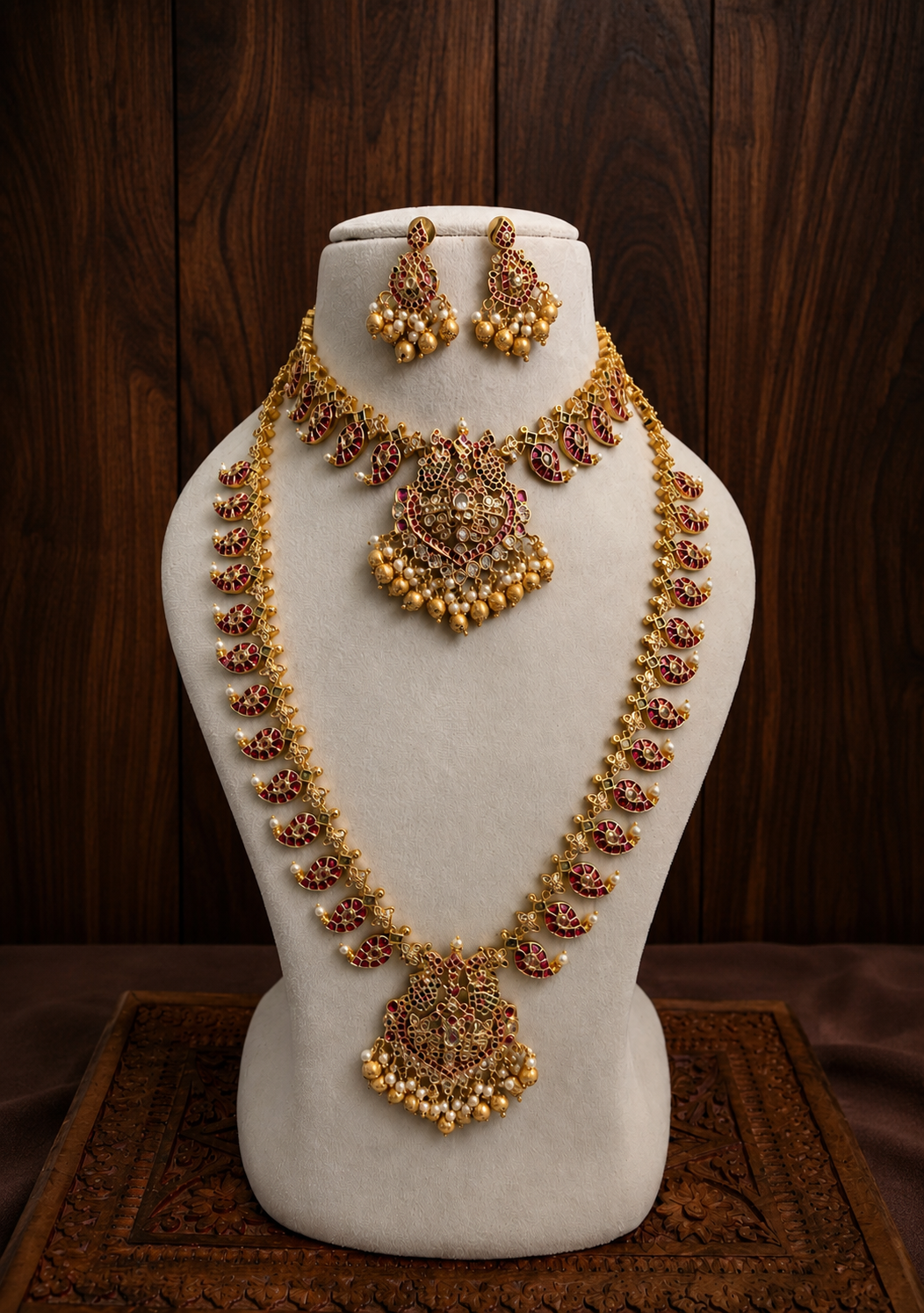 Manga Abharana - Mango Motif Kemp Kundan Necklace, Haaram & Earring Set
