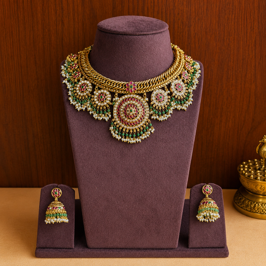 Rajamandala Bottu Mala – Original Jadau Kundan Necklace Set.