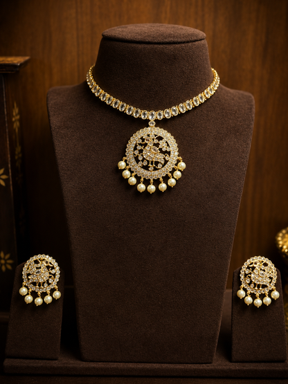 Mayura Addigai - Peacock Zircon Pearl Necklace Set.