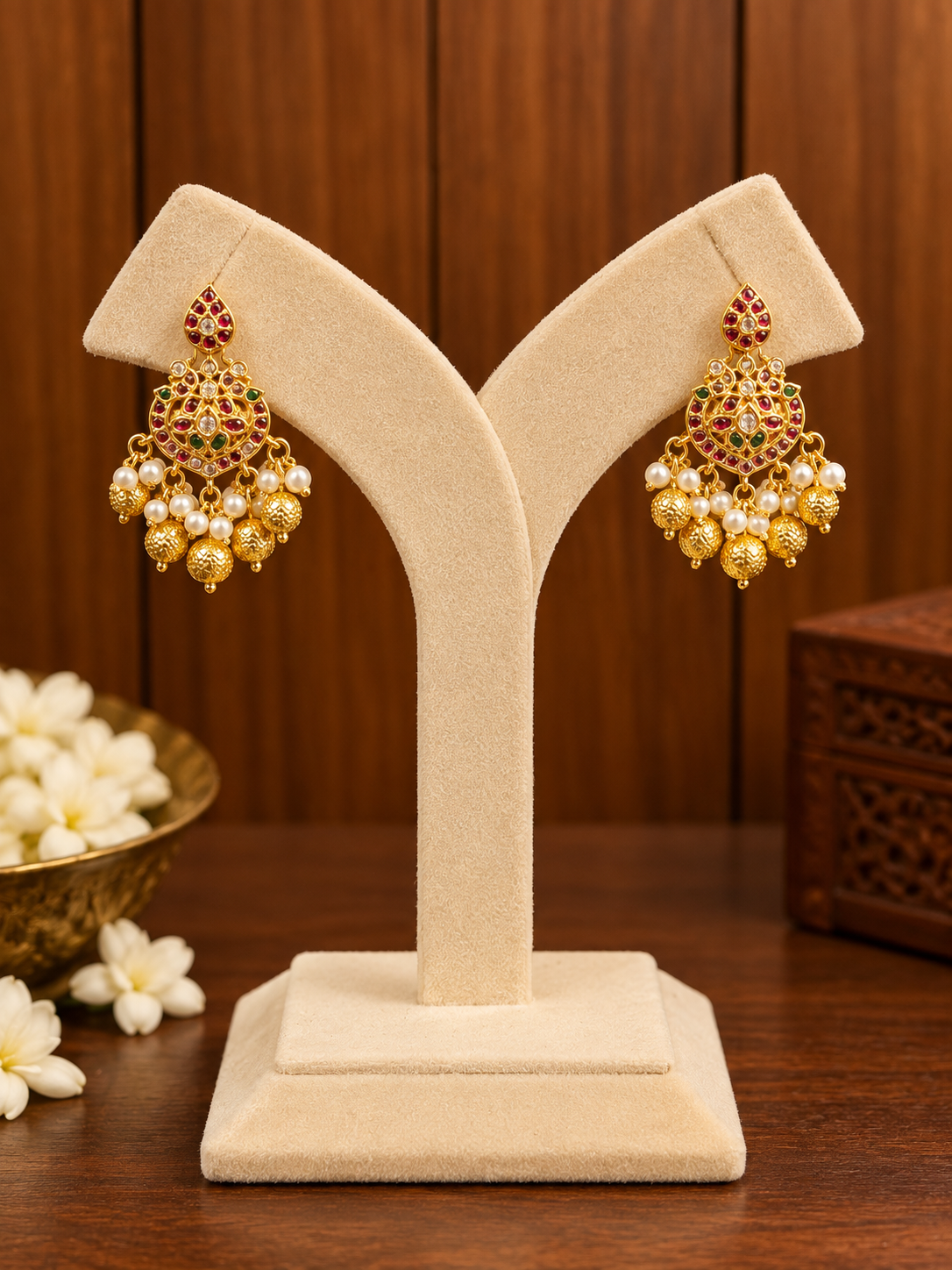 Manga Abharana - Mango Motif Kemp Kundan Necklace, Haaram & Earring Set