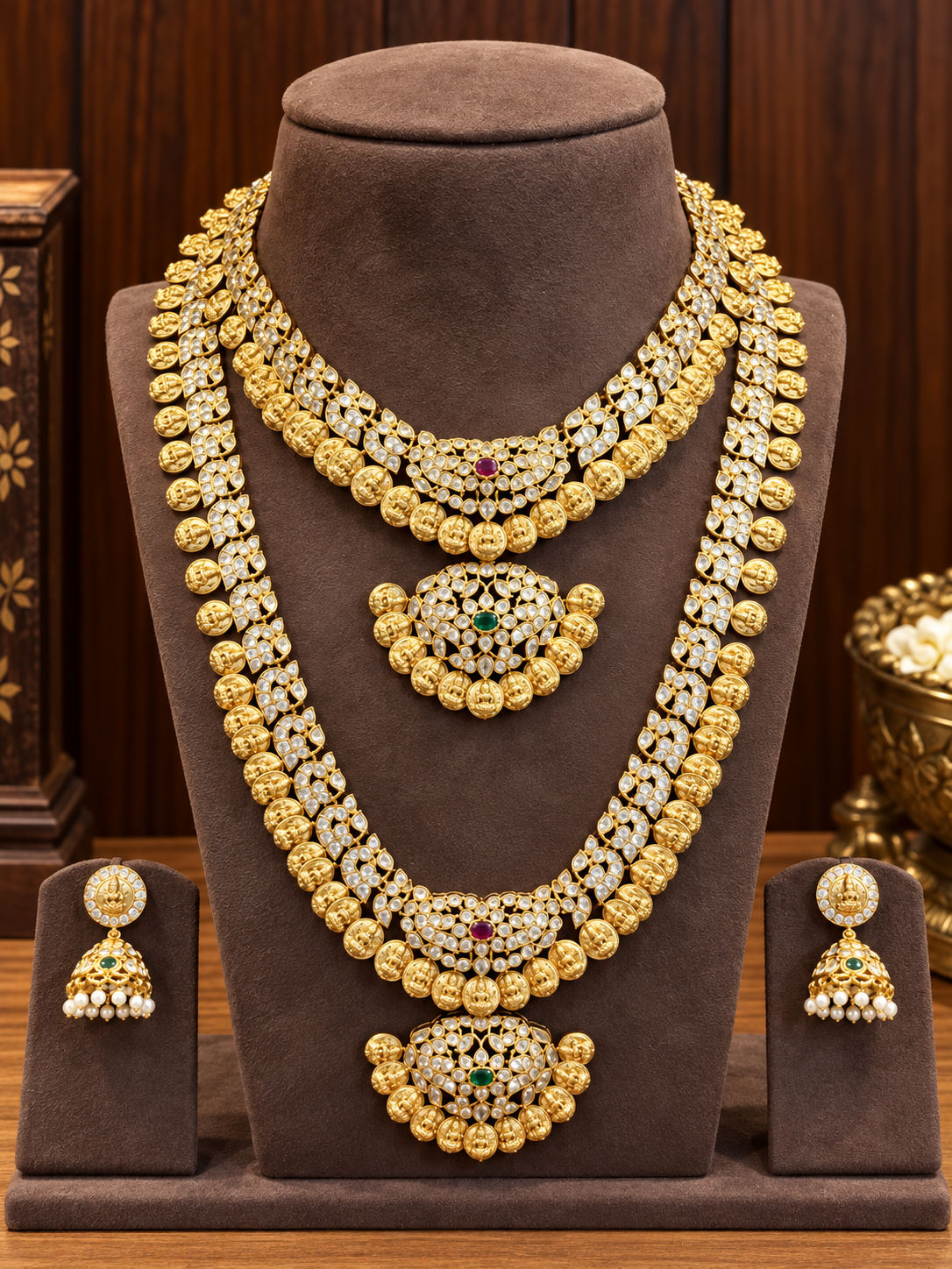 Mahalakshmi Kasusara Necklace - Convertible Zircon Coin Necklace Set